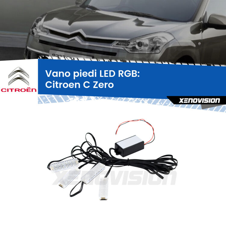 <strong>Kit placche LED cambiacolore vano piedi Citroen C Zero</strong>  2010 - 2019. 4 placche <strong>Bluetooth</strong> con app Android /iOS.