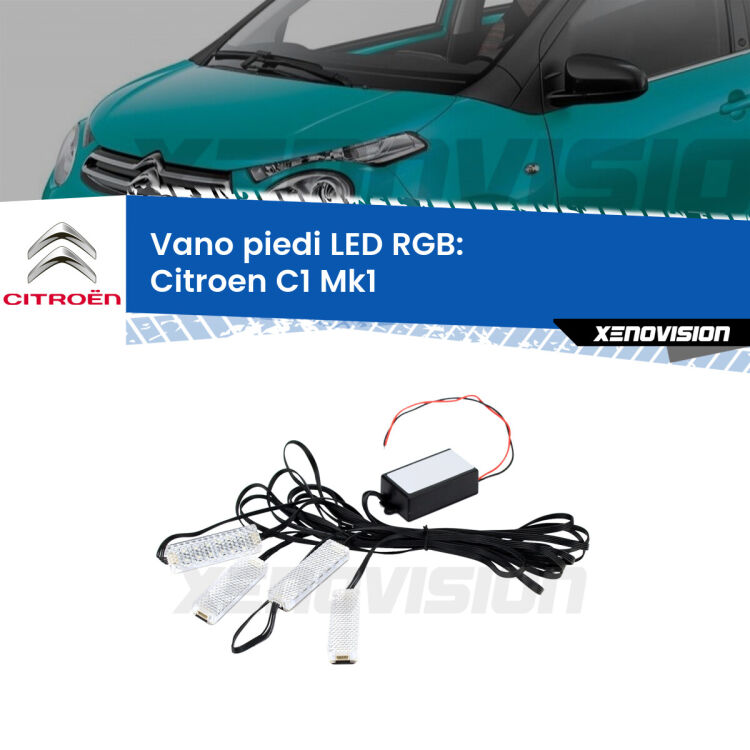 <strong>Kit placche LED cambiacolore vano piedi Citroen C1</strong> Mk1 2005 - 2013. 4 placche <strong>Bluetooth</strong> con app Android /iOS.