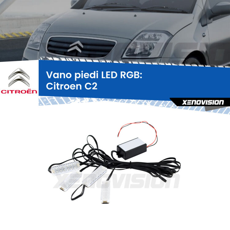<strong>Kit placche LED cambiacolore vano piedi Citroen C2</strong>  2003 - 2009. 4 placche <strong>Bluetooth</strong> con app Android /iOS.