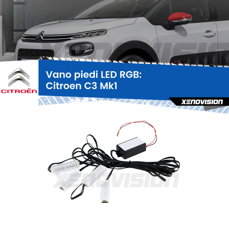 <strong>Kit placche LED cambiacolore vano piedi Citroen C3</strong> Mk1 2002 - 2009. 4 placche <strong>Bluetooth</strong> con app Android /iOS.