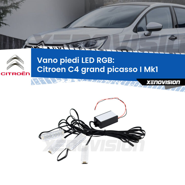 <strong>Kit placche LED cambiacolore vano piedi Citroen C4 grand picasso I</strong> Mk1 2006 - 2013. 4 placche <strong>Bluetooth</strong> con app Android /iOS.