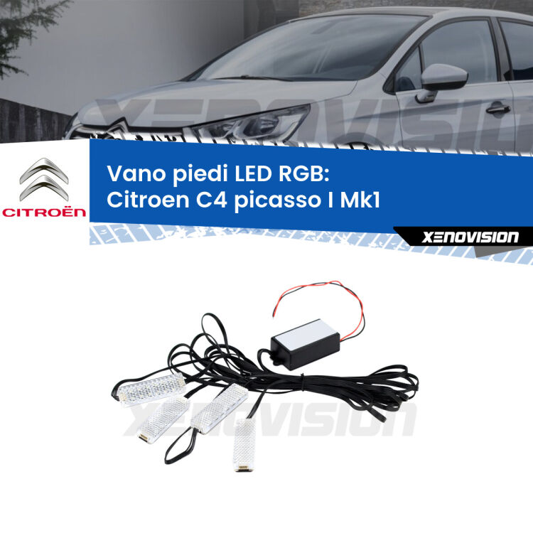 <strong>Kit placche LED cambiacolore vano piedi Citroen C4 picasso I</strong> Mk1 2007 - 2013. 4 placche <strong>Bluetooth</strong> con app Android /iOS.
