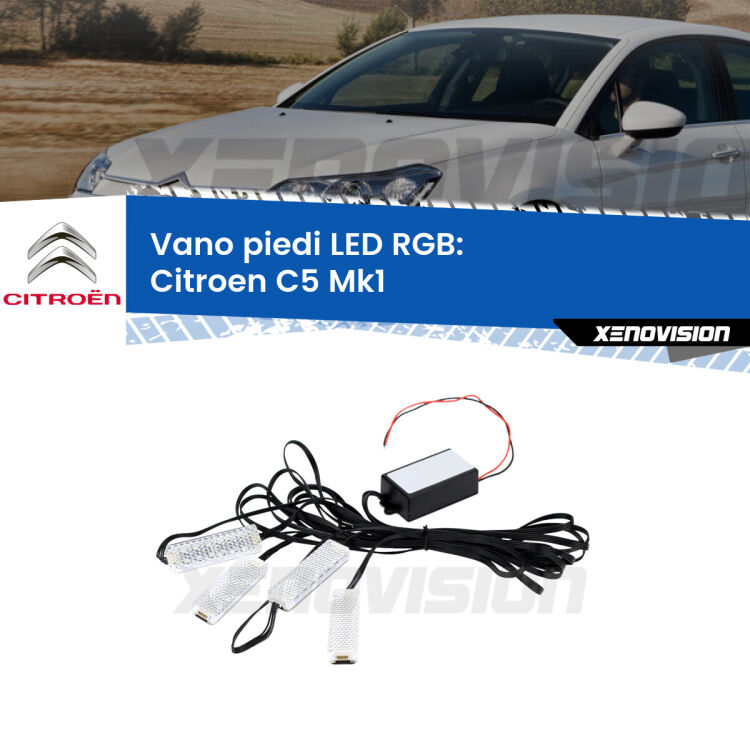 <strong>Kit placche LED cambiacolore vano piedi Citroen C5</strong> Mk1 2001 - 2004. 4 placche <strong>Bluetooth</strong> con app Android /iOS.