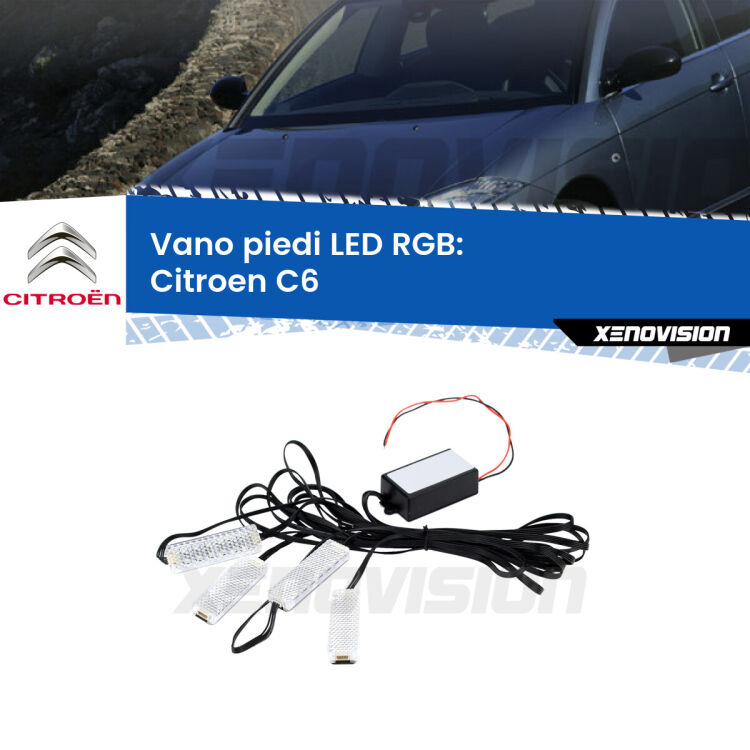 <strong>Kit placche LED cambiacolore vano piedi Citroen C6</strong>  2005 - 2012. 4 placche <strong>Bluetooth</strong> con app Android /iOS.