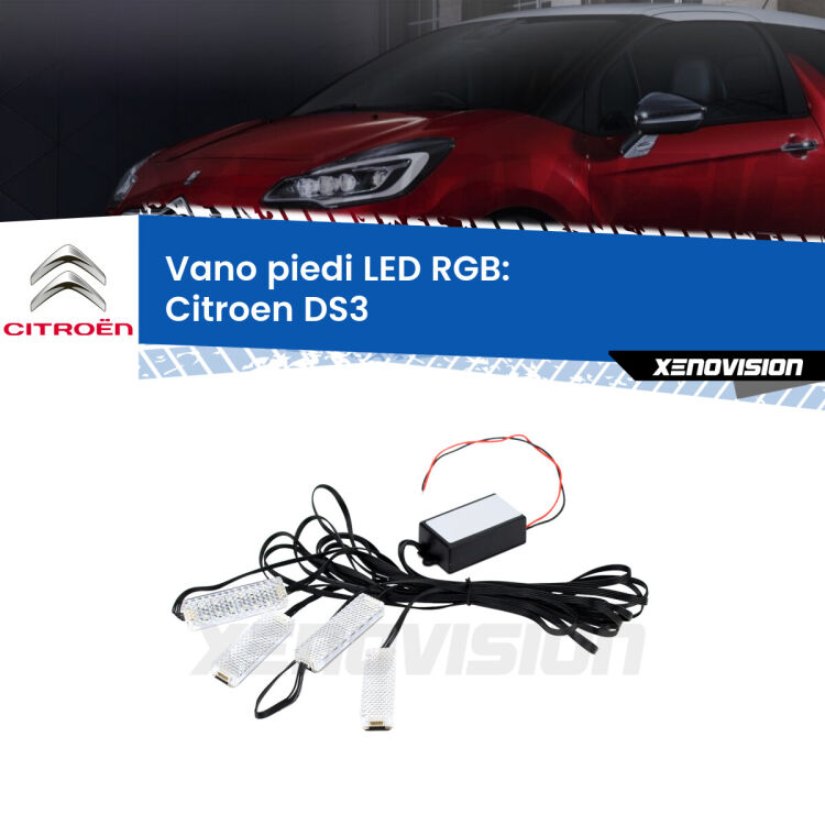 <strong>Kit placche LED cambiacolore vano piedi Citroen DS3</strong>  2009 - 2015. 4 placche <strong>Bluetooth</strong> con app Android /iOS.