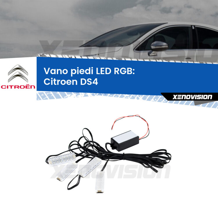 <strong>Kit placche LED cambiacolore vano piedi Citroen DS4</strong>  2011 - 2015. 4 placche <strong>Bluetooth</strong> con app Android /iOS.