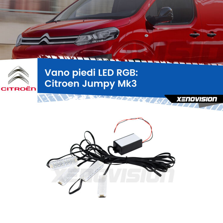 <strong>Kit placche LED cambiacolore vano piedi Citroen Jumpy</strong> Mk3 2016 in poi. 4 placche <strong>Bluetooth</strong> con app Android /iOS.
