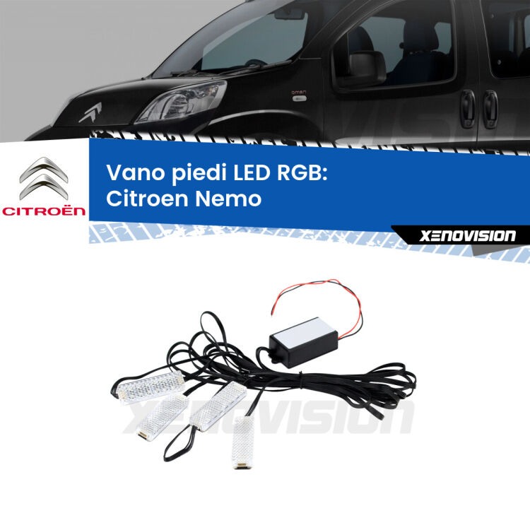 <strong>Kit placche LED cambiacolore vano piedi Citroen Nemo</strong>  2008 in poi. 4 placche <strong>Bluetooth</strong> con app Android /iOS.