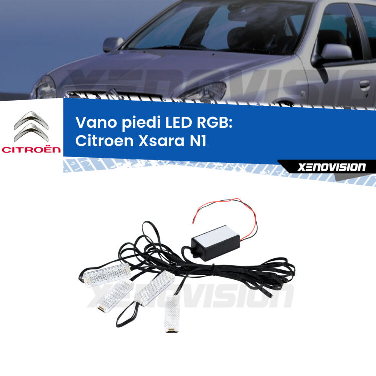 <strong>Kit placche LED cambiacolore vano piedi Citroen Xsara</strong> N1 1997 - 2005. 4 placche <strong>Bluetooth</strong> con app Android /iOS.