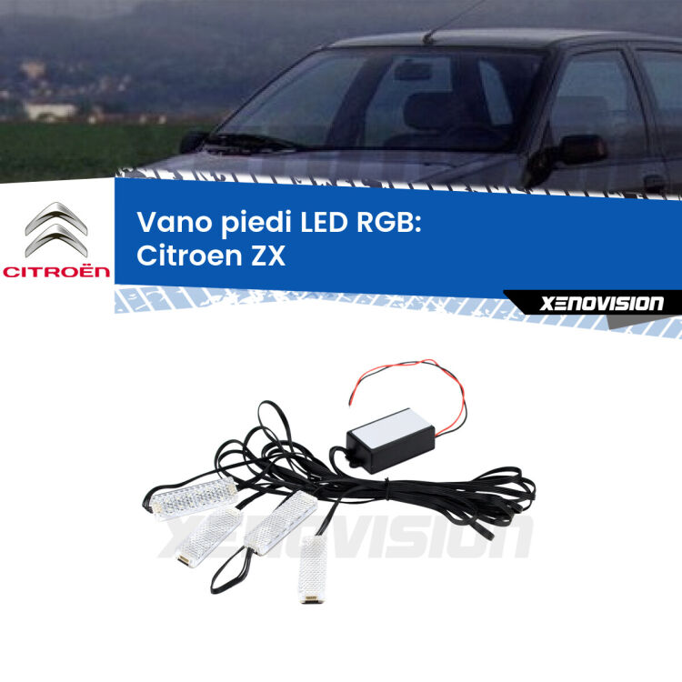 <strong>Kit placche LED cambiacolore vano piedi Citroen ZX</strong>  1991 - 1997. 4 placche <strong>Bluetooth</strong> con app Android /iOS.