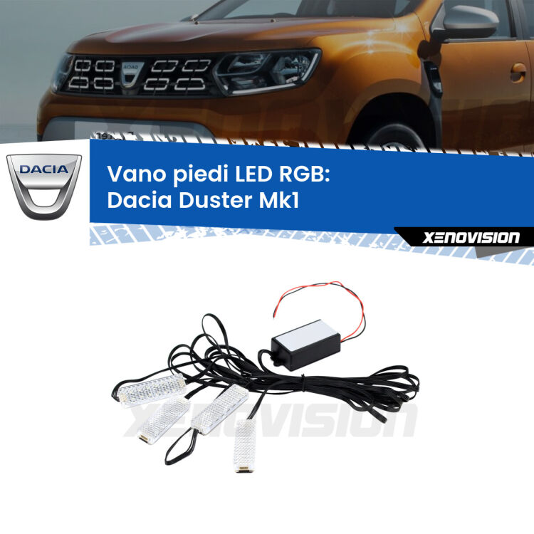 <strong>Kit placche LED cambiacolore vano piedi Dacia Duster</strong> Mk1 2010 - 2016. 4 placche <strong>Bluetooth</strong> con app Android /iOS.