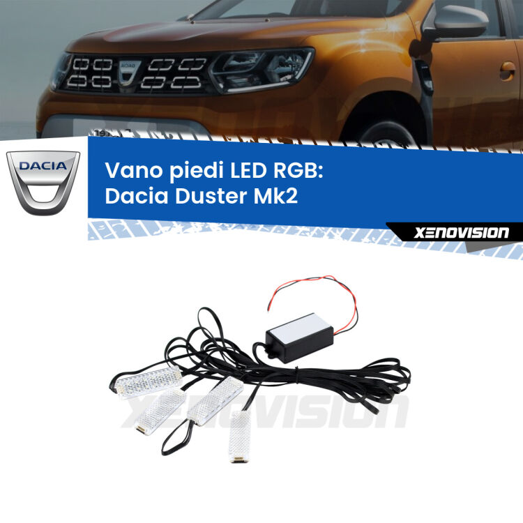 <strong>Kit placche LED cambiacolore vano piedi Dacia Duster</strong> Mk2 2017 in poi. 4 placche <strong>Bluetooth</strong> con app Android /iOS.