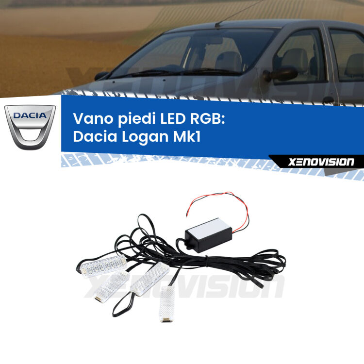 <strong>Kit placche LED cambiacolore vano piedi Dacia Logan</strong> Mk1 2004 - 2011. 4 placche <strong>Bluetooth</strong> con app Android /iOS.