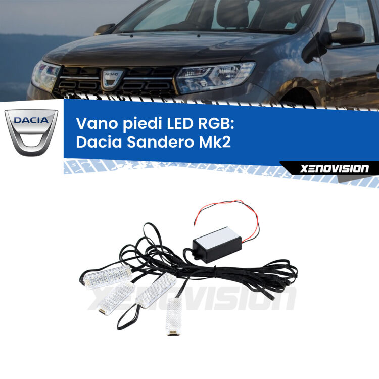 <strong>Kit placche LED cambiacolore vano piedi Dacia Sandero</strong> Mk2 2012 in poi. 4 placche <strong>Bluetooth</strong> con app Android /iOS.