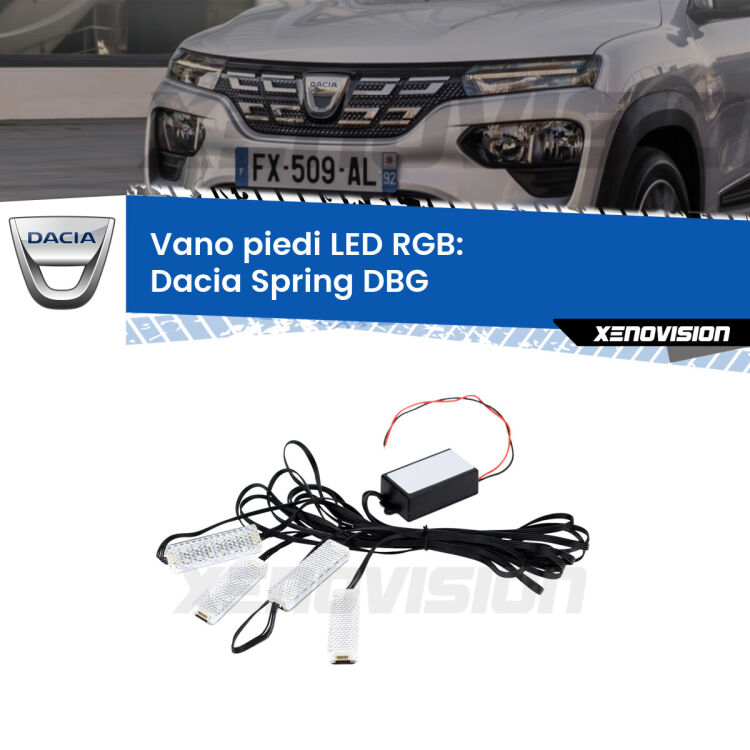 <strong>Kit placche LED cambiacolore vano piedi Dacia Spring</strong> DBG 2021 in poi. 4 placche <strong>Bluetooth</strong> con app Android /iOS.