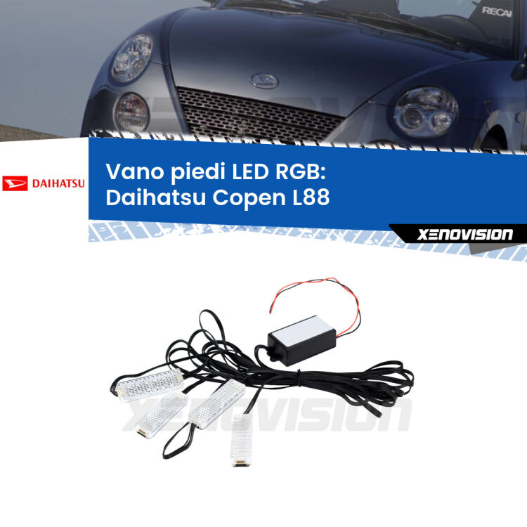 <strong>Kit placche LED cambiacolore vano piedi Daihatsu Copen</strong> L88 2003 - 2012. 4 placche <strong>Bluetooth</strong> con app Android /iOS.