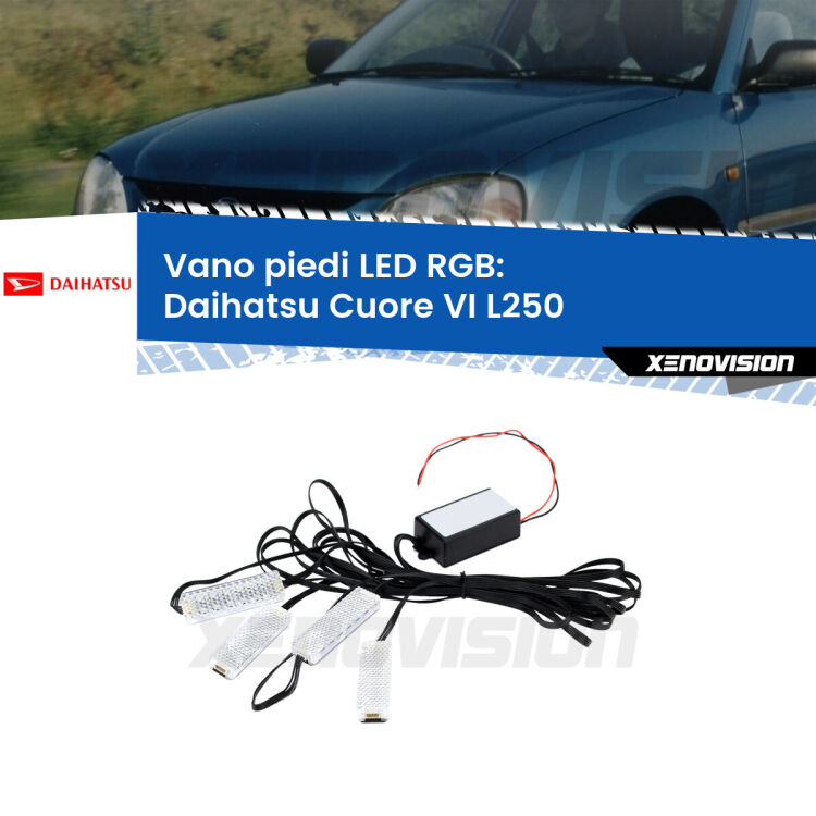 <strong>Kit placche LED cambiacolore vano piedi Daihatsu Cuore VI</strong> L250 2003 - 2007. 4 placche <strong>Bluetooth</strong> con app Android /iOS.