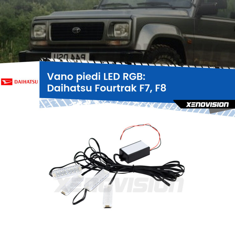 <strong>Kit placche LED cambiacolore vano piedi Daihatsu Fourtrak</strong> F7, F8 1985 - 1998. 4 placche <strong>Bluetooth</strong> con app Android /iOS.