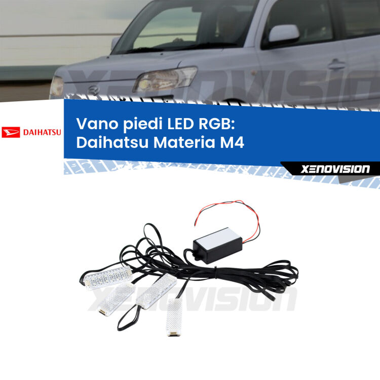 <strong>Kit placche LED cambiacolore vano piedi Daihatsu Materia</strong> M4 2006 in poi. 4 placche <strong>Bluetooth</strong> con app Android /iOS.