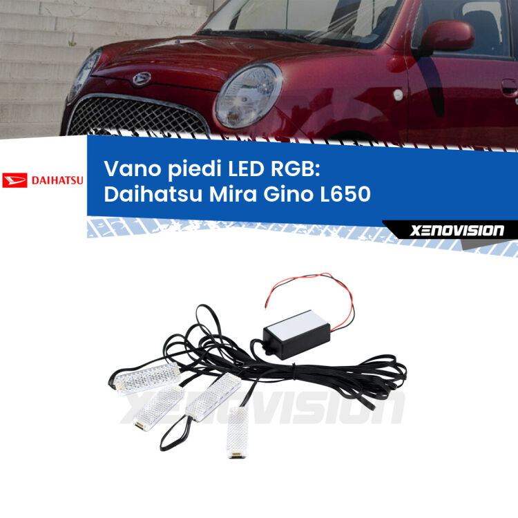 <strong>Kit placche LED cambiacolore vano piedi Daihatsu Mira Gino</strong> L650 2004 - 2009. 4 placche <strong>Bluetooth</strong> con app Android /iOS.