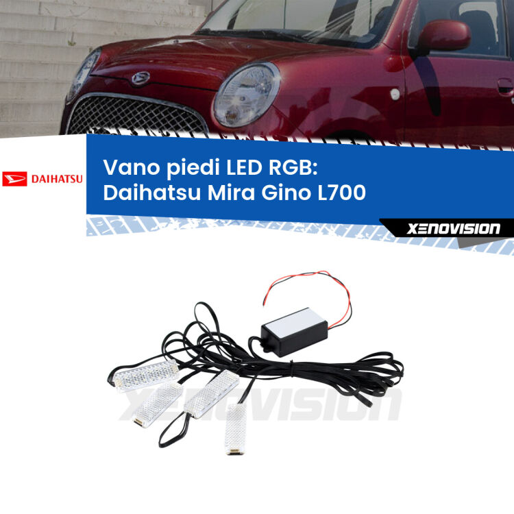 <strong>Kit placche LED cambiacolore vano piedi Daihatsu Mira Gino</strong> L700 1999 - 2004. 4 placche <strong>Bluetooth</strong> con app Android /iOS.