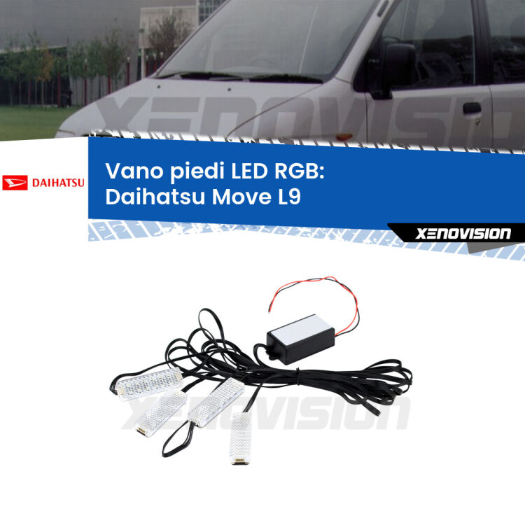 <strong>Kit placche LED cambiacolore vano piedi Daihatsu Move</strong> L9 1997 - 2002. 4 placche <strong>Bluetooth</strong> con app Android /iOS.
