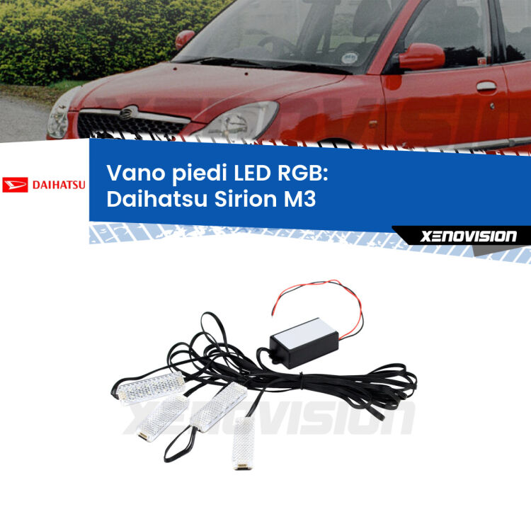 <strong>Kit placche LED cambiacolore vano piedi Daihatsu Sirion</strong> M3 2005 - 2008. 4 placche <strong>Bluetooth</strong> con app Android /iOS.