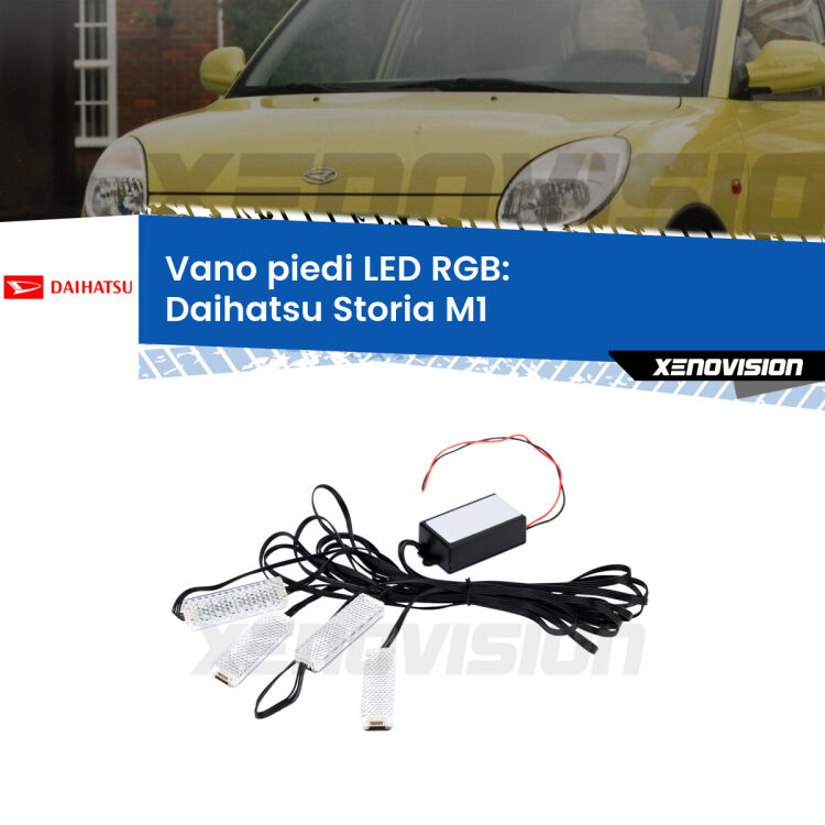 <strong>Kit placche LED cambiacolore vano piedi Daihatsu Storia</strong> M1 1998 - 2005. 4 placche <strong>Bluetooth</strong> con app Android /iOS.