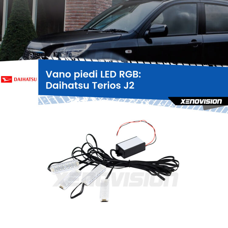 <strong>Kit placche LED cambiacolore vano piedi Daihatsu Terios</strong> J2 2005 - 2009. 4 placche <strong>Bluetooth</strong> con app Android /iOS.