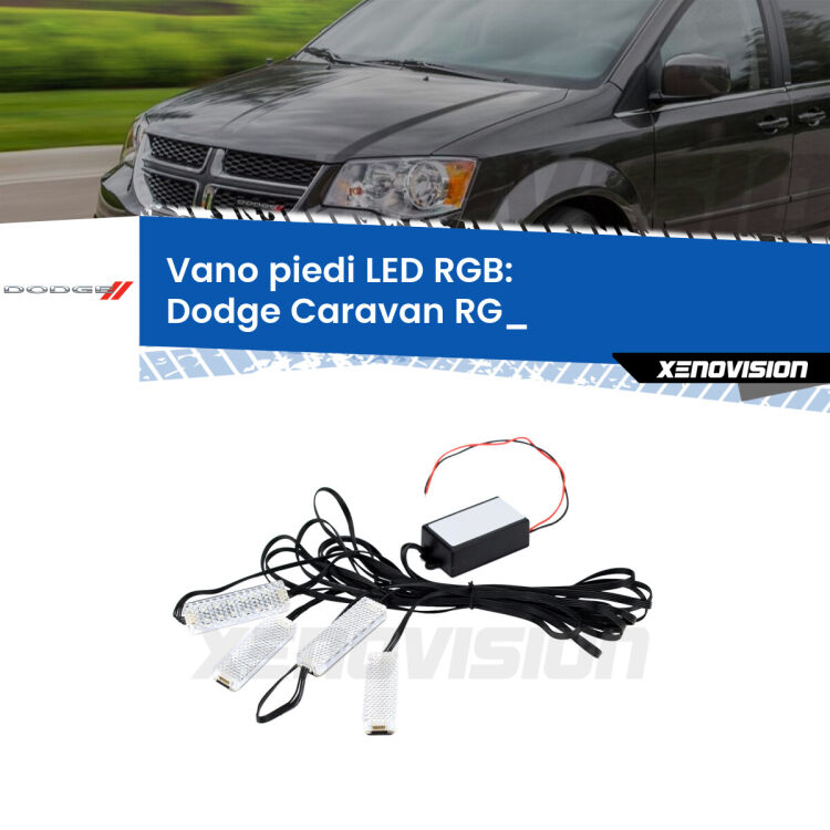 <strong>Kit placche LED cambiacolore vano piedi Dodge Caravan</strong> RG_ 2000 - 2007. 4 placche <strong>Bluetooth</strong> con app Android /iOS.