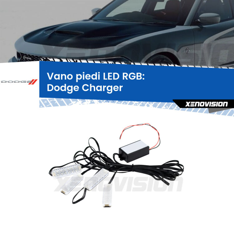 <strong>Kit placche LED cambiacolore vano piedi Dodge Charger</strong>  2011 - 2014. 4 placche <strong>Bluetooth</strong> con app Android /iOS.