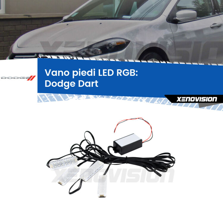 <strong>Kit placche LED cambiacolore vano piedi Dodge Dart</strong>  2012 in poi. 4 placche <strong>Bluetooth</strong> con app Android /iOS.
