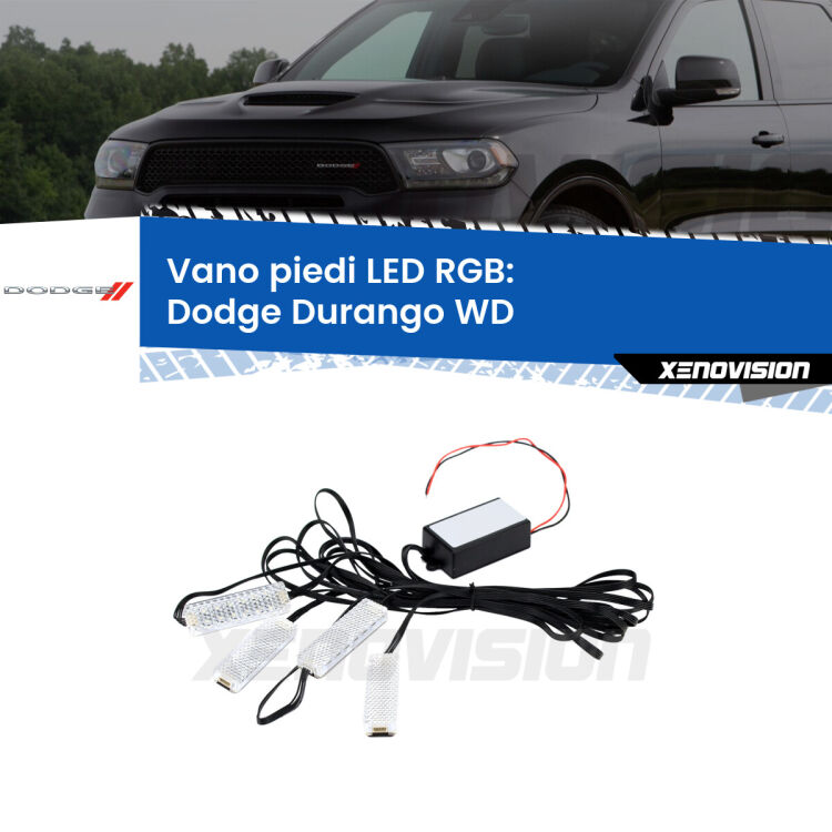 <strong>Kit placche LED cambiacolore vano piedi Dodge Durango</strong> WD 2010 - 2015. 4 placche <strong>Bluetooth</strong> con app Android /iOS.