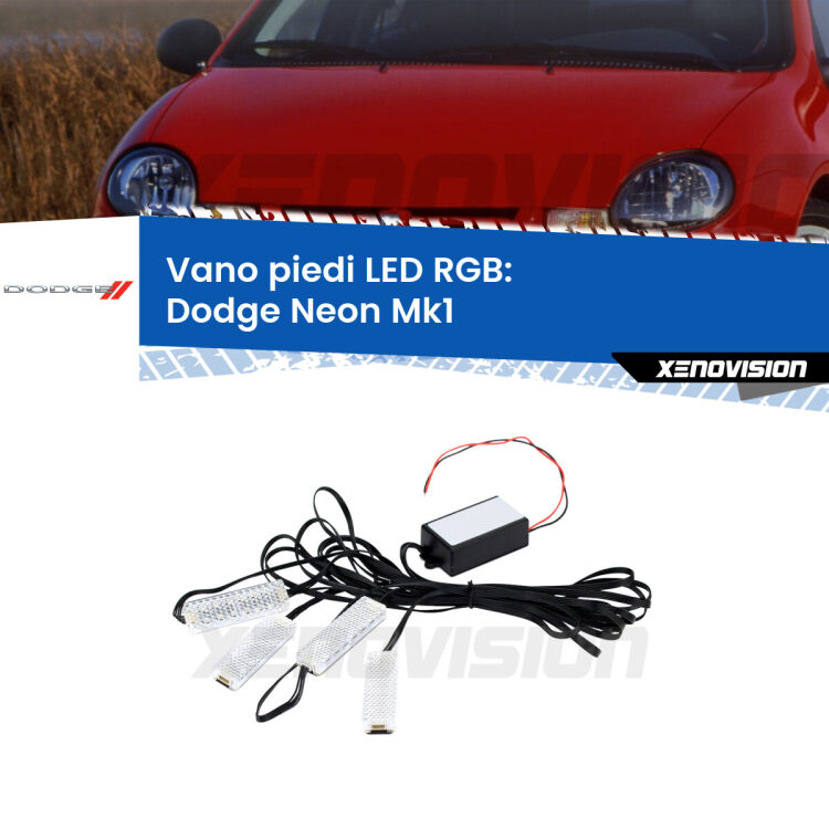 <strong>Kit placche LED cambiacolore vano piedi Dodge Neon</strong> Mk1 1994 - 1999. 4 placche <strong>Bluetooth</strong> con app Android /iOS.