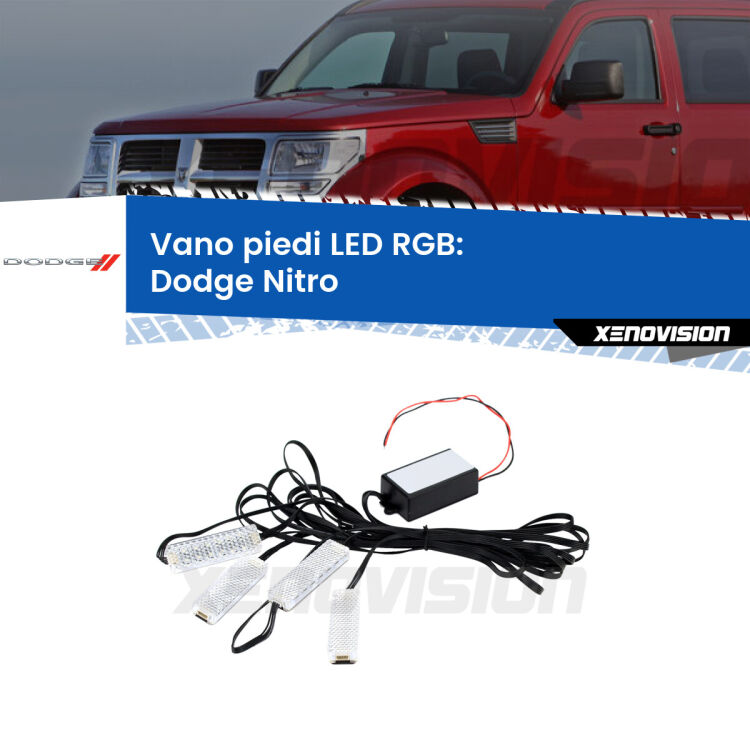 <strong>Kit placche LED cambiacolore vano piedi Dodge Nitro</strong>  2006 - 2012. 4 placche <strong>Bluetooth</strong> con app Android /iOS.