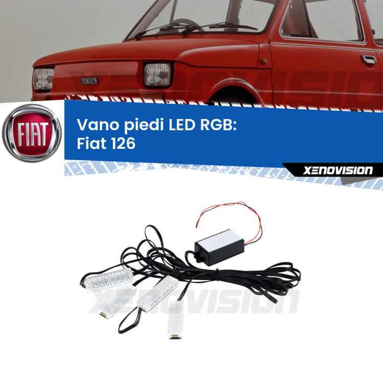 <strong>Kit placche LED cambiacolore vano piedi Fiat 126</strong>  1972 - 2000. 4 placche <strong>Bluetooth</strong> con app Android /iOS.