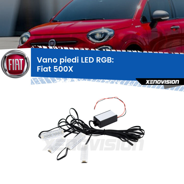 <strong>Kit placche LED cambiacolore vano piedi Fiat 500X</strong>  2014 in poi. 4 placche <strong>Bluetooth</strong> con app Android /iOS.