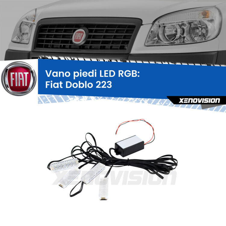 <strong>Kit placche LED cambiacolore vano piedi Fiat Doblo</strong> 223 2000 - 2010. 4 placche <strong>Bluetooth</strong> con app Android /iOS.
