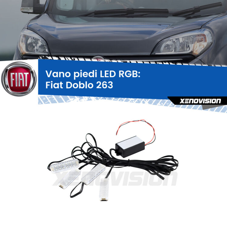 <strong>Kit placche LED cambiacolore vano piedi Fiat Doblo</strong> 263 2010 - 2016. 4 placche <strong>Bluetooth</strong> con app Android /iOS.