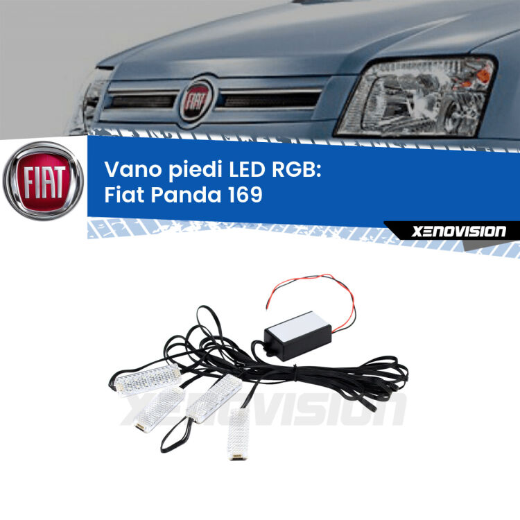 <strong>Kit placche LED cambiacolore vano piedi Fiat Panda</strong> 169 2003 - 2012. 4 placche <strong>Bluetooth</strong> con app Android /iOS.