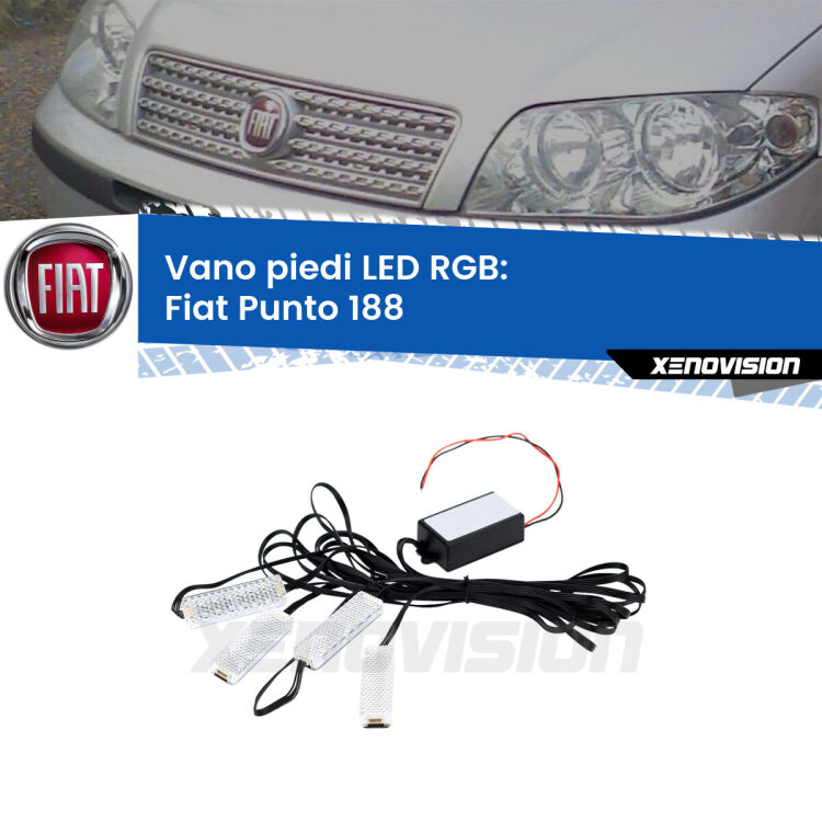 <strong>Kit placche LED cambiacolore vano piedi Fiat Punto</strong> 188 1999 - 2010. 4 placche <strong>Bluetooth</strong> con app Android /iOS.