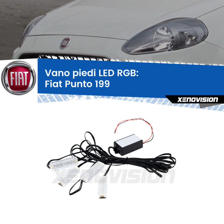 <strong>Kit placche LED cambiacolore vano piedi Fiat Punto</strong> 199 2012 - 2018. 4 placche <strong>Bluetooth</strong> con app Android /iOS.