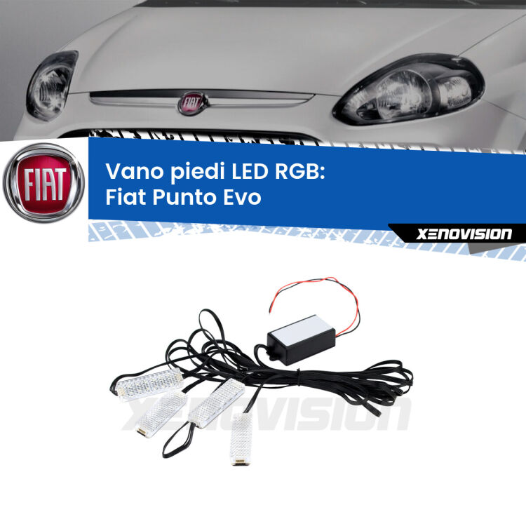 <strong>Kit placche LED cambiacolore vano piedi Fiat Punto Evo</strong>  2009 - 2015. 4 placche <strong>Bluetooth</strong> con app Android /iOS.