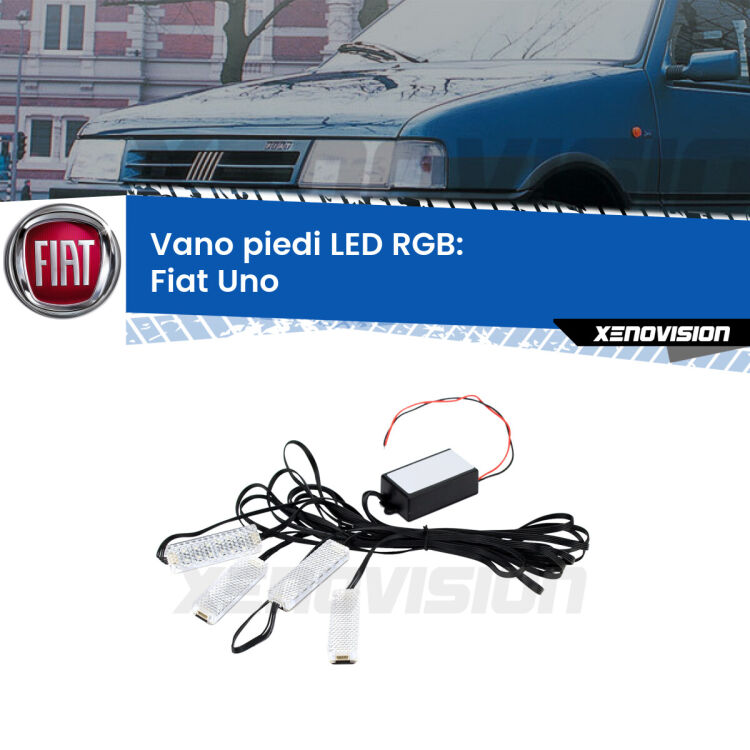 <strong>Kit placche LED cambiacolore vano piedi Fiat Uno</strong>  1983 - 1995. 4 placche <strong>Bluetooth</strong> con app Android /iOS.