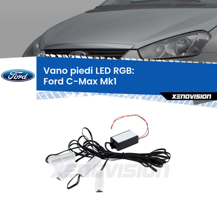 <strong>Kit placche LED cambiacolore vano piedi Ford C-Max</strong> Mk1 2003 - 2010. 4 placche <strong>Bluetooth</strong> con app Android /iOS.