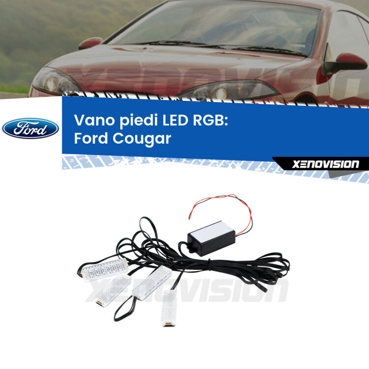 <strong>Kit placche LED cambiacolore vano piedi Ford Cougar</strong>  1998 - 2001. 4 placche <strong>Bluetooth</strong> con app Android /iOS.