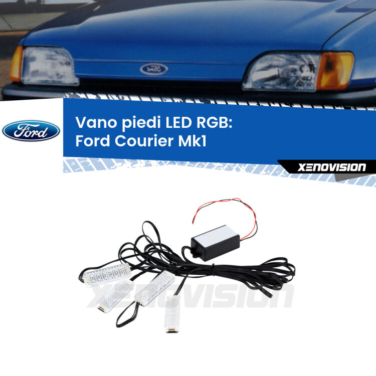 <strong>Kit placche LED cambiacolore vano piedi Ford Courier</strong> Mk1 1991 - 1995. 4 placche <strong>Bluetooth</strong> con app Android /iOS.