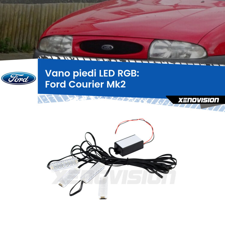 <strong>Kit placche LED cambiacolore vano piedi Ford Courier</strong> Mk2 1996 - 2003. 4 placche <strong>Bluetooth</strong> con app Android /iOS.
