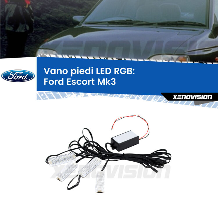 <strong>Kit placche LED cambiacolore vano piedi Ford Escort</strong> Mk3 1985 - 1990. 4 placche <strong>Bluetooth</strong> con app Android /iOS.