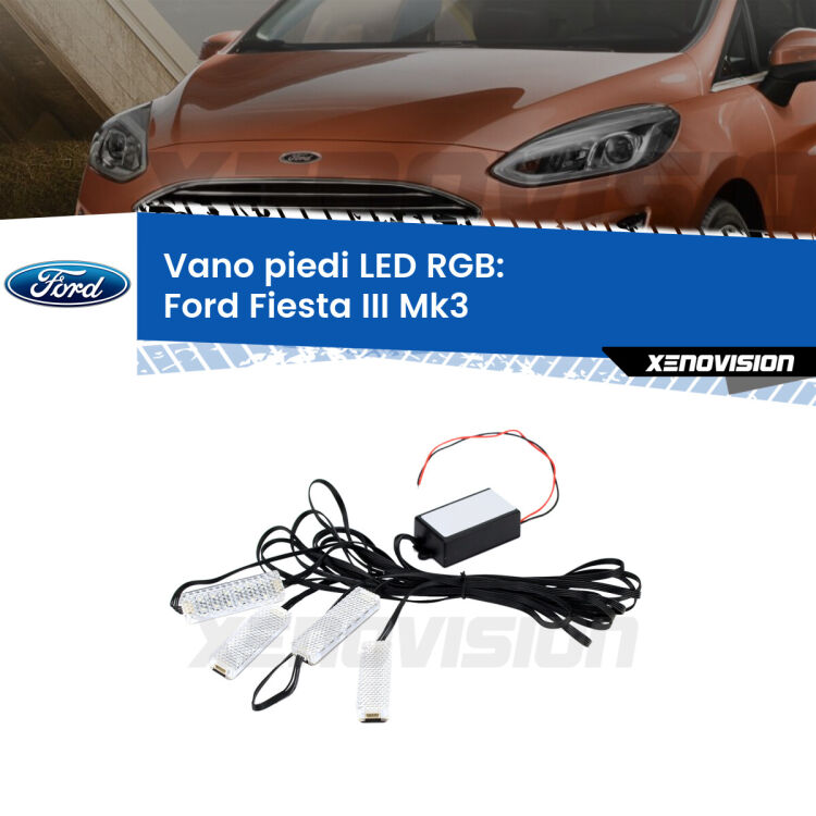 <strong>Kit placche LED cambiacolore vano piedi Ford Fiesta III</strong> Mk3 1989 - 1995. 4 placche <strong>Bluetooth</strong> con app Android /iOS.